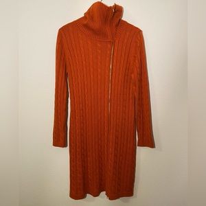 CALVIN KLEIN| Orange MIDI Cable Knit Turtleneck Sweater W/Gold Front Zipper| XL